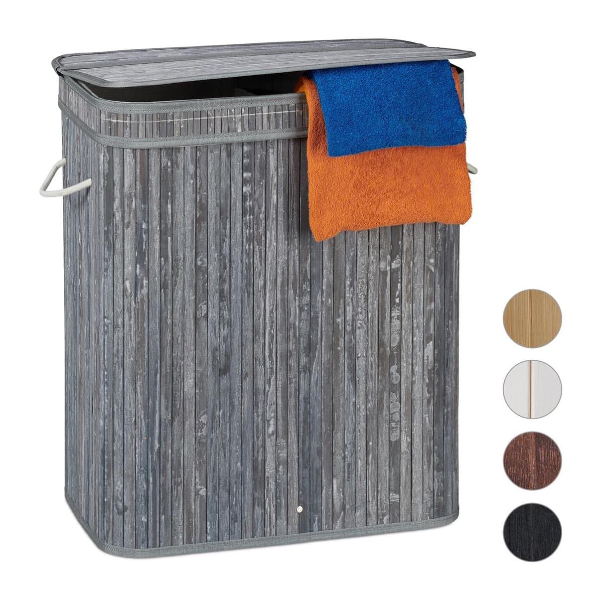 Bamboe wasmand met deksel - 2 vakken - 70 L - grijs — afbeelding 1