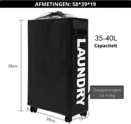 W&Z® Wasmand met deksel op wielen - Wassorteerder- wasmand 2 vakken - Opvouwbaar - 2 x 42L - Zwart en Grijs — thumbnail 2