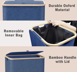 Wasmand met deksel, groot, 100 L wasmand, smal met afneembare waszak, wasmanden, waskast, waskist wasbak voor vuile was, marineblauw. — thumbnail 5