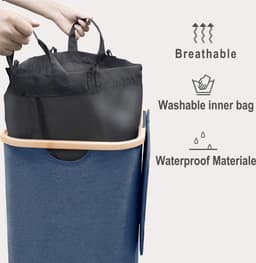 Wasmand met deksel, groot, 100 L wasmand, smal met afneembare waszak, wasmanden, waskast, waskist wasbak voor vuile was, marineblauw. — thumbnail 2