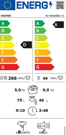 Hoover HD 495AMBS/1-S Wasmachine – 9 kg – 1400 rpm – Energieklasse A – Stoomfunctie – WiFi & App bediening — thumbnail 3