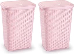 Plasticforte Wasmand met deksel - 60 liter - lichtroze - rotan - kunststof - L35 x B43 x H62 cm — thumbnail 2