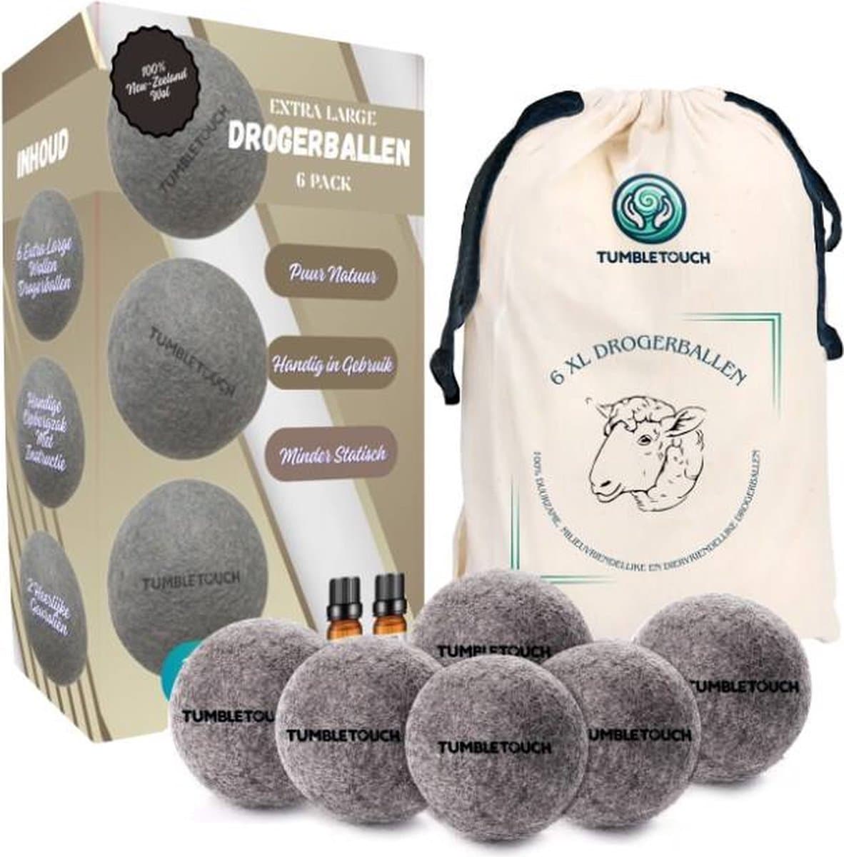 TUMBLETOUCH® 6XL Drogerballen Voor Wasdrogers - Gemaakt van 100% Nieuw-Zeelandse Schapen Wol - 2 Etherische Oliën - Wasdrogerballen - Droogballen - Grijs — afbeelding 1