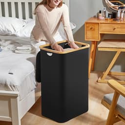 BOTC Wasmand 3 Vakken - Wassorteerder - 160L Capaciteit - Bamboe Wasmand met Deksel - 75*57*37cm - Zwart — thumbnail 3