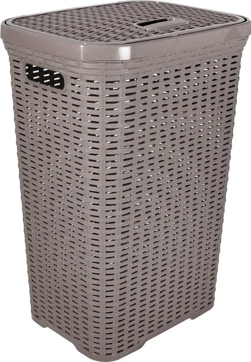 Hega Hogar Wasmand met deksel Rotan - taupe - gevlochten kunststof - 60 liter - 34 x 43 x 62 cm — afbeelding 1