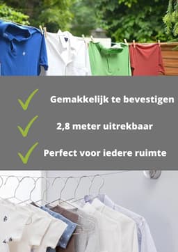 Waslijn uittrekbaar - Waslijndraad - 2,8 meter - Wasdraad - Uittrekbare Waslijn - Roldrooglijn - automatische waslijn - wanddroogrek - droogrek — thumbnail 2