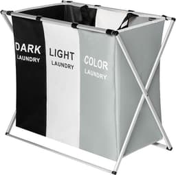 Lowander Wasmand 3 vakken - Wassorteerder 90 liter - Licht | Donker | Gekleurd - Opvouwbare Was Organizer met Aluminium Frame - Stevige Wasmand voor Vuile Was - Grijs — thumbnail 1