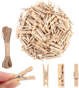 Mini houten klemmen 100 stuks met jutekoord, 3,5 cm, voor foto's en ansichtkaarten, natuurlijk hout — thumbnail 1