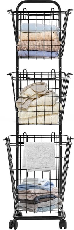 Wasmandwagen Met 3 Manden Zwart 26*32*123cm 3-Laags Rolbare Wasmanden Op Wielen Wasrek Waswagen Voor Badkamer Waskeuken — thumbnail 1