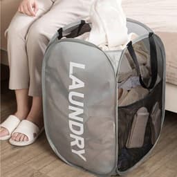 2 stuks - Wasmand van gaas met handvat - Opvouwbare wasmand van gaas - Opvouwbare wasmand - Opvouwbare waszak - Wasmand van gaas met handvat - Opbergdoos voor vuile was - Grijs, roze - Geschikt voor thuis, studentenkamers en op reis — thumbnail 5