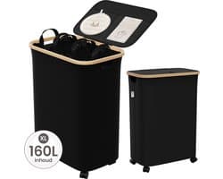 Wasmand 3 Vakken met Deksel - Wassorteerder Opvouwbaar - Wasbox op Wielen - 160L - Laundry Basket Bamboe - Incl. 5 Uitneembare Waszakken en 5 Labels - Zwart
