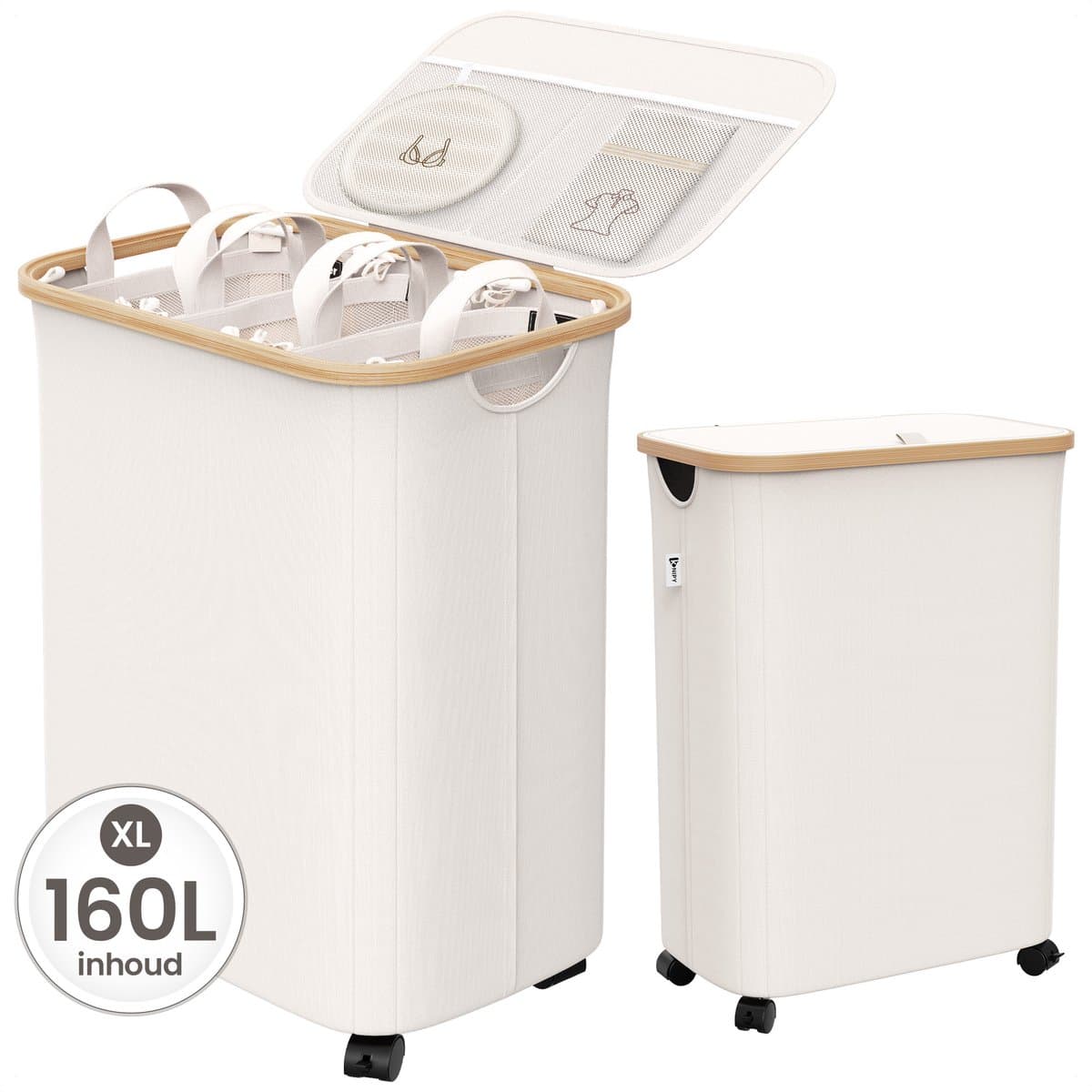 Wasmand 3 Vakken - Wassorteerder met Deksel - Wasbox op Wielen - 160L — afbeelding 1
