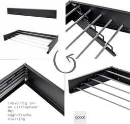 GOODD® - Droogrek - Wasrek - Wanddroogrek - Verbeterd model - Zwart - Rvs - Inklapbaar - 400 cm — thumbnail 2