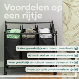 Wellewares - Wasmand 3 Vakken Uitneembaar - Wasbox 90 Liter - Wassorteerder op Wielen - Zwart — thumbnail 3