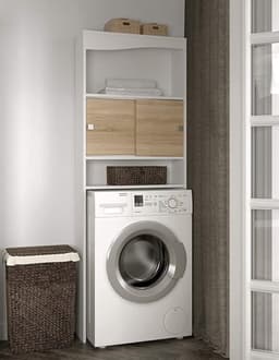 Wasmachine Kast - Wasmachine Ombouw Opbergrek 3 Schappen - Wasmachine Meubel Met Verhoger - Kast Voor Wasdroger - Wit/Eiken — thumbnail 1