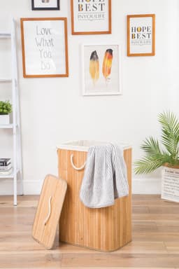 Grote Bamboe Wasmand met deksel - 80 L - Wasmand 1 Vak met stoffen waszak - Opvouwbaar - Wassorteerder - Naturel — thumbnail 4