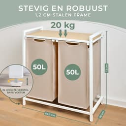 Blumtal Wasmand met 2 vakken - Wasmand met bamboe plank - Metalen frame - Wasmand met poten - Wit en creme — thumbnail 5