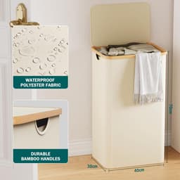 Candala Wasmand met deksel, 85 liter, wasverzamelaar, smal, met waszak, grote opvouwbare wasmand, hout, bamboe, wasmand, hoge wasmand, beige — thumbnail 2