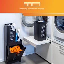 Eleganca Wasmand 3 vakken – XL Formaat 95 Liter – Wassorteerder– D31 x B45 x H90 cm – Afneembare manden – Wasmand op Wielen – Kunststof – Ruimtebesparend – Zwart — thumbnail 4
