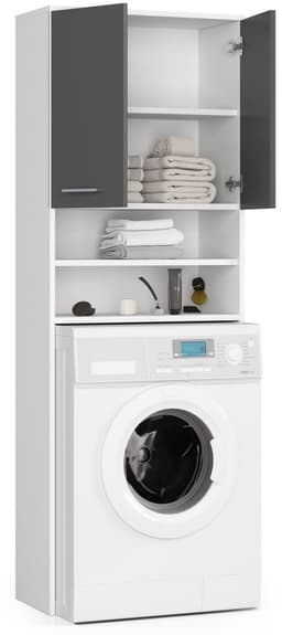 Badkamerkast voor Wasmachine FIN / Hoge Wasmachinekast met 2 Deuren / AKORD Furniture Factory / Wit - Grafietgrijs / 64 x 180 x 30 cm — thumbnail 2