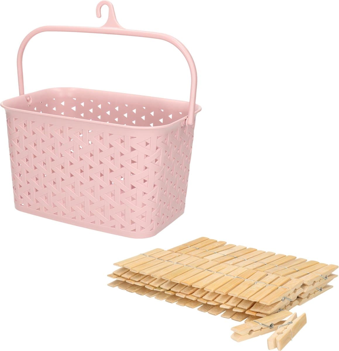 Wasknijpersmandje met ophanghaak - roze - en 60x houten wasknijpers 7 cm - was ophangen — afbeelding 1
