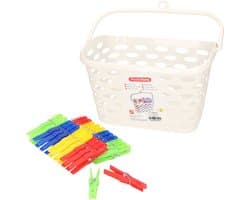 Plasticforte Wasknijpers ophang mandje/bakje - creme wit - met 72x plastic knijpers