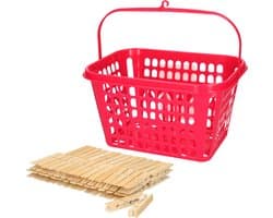 Wasknijpers ophangmandje met haak - fuchsia roze - gevuld met 120x houten wasknijpers 7 cm - was ophangen