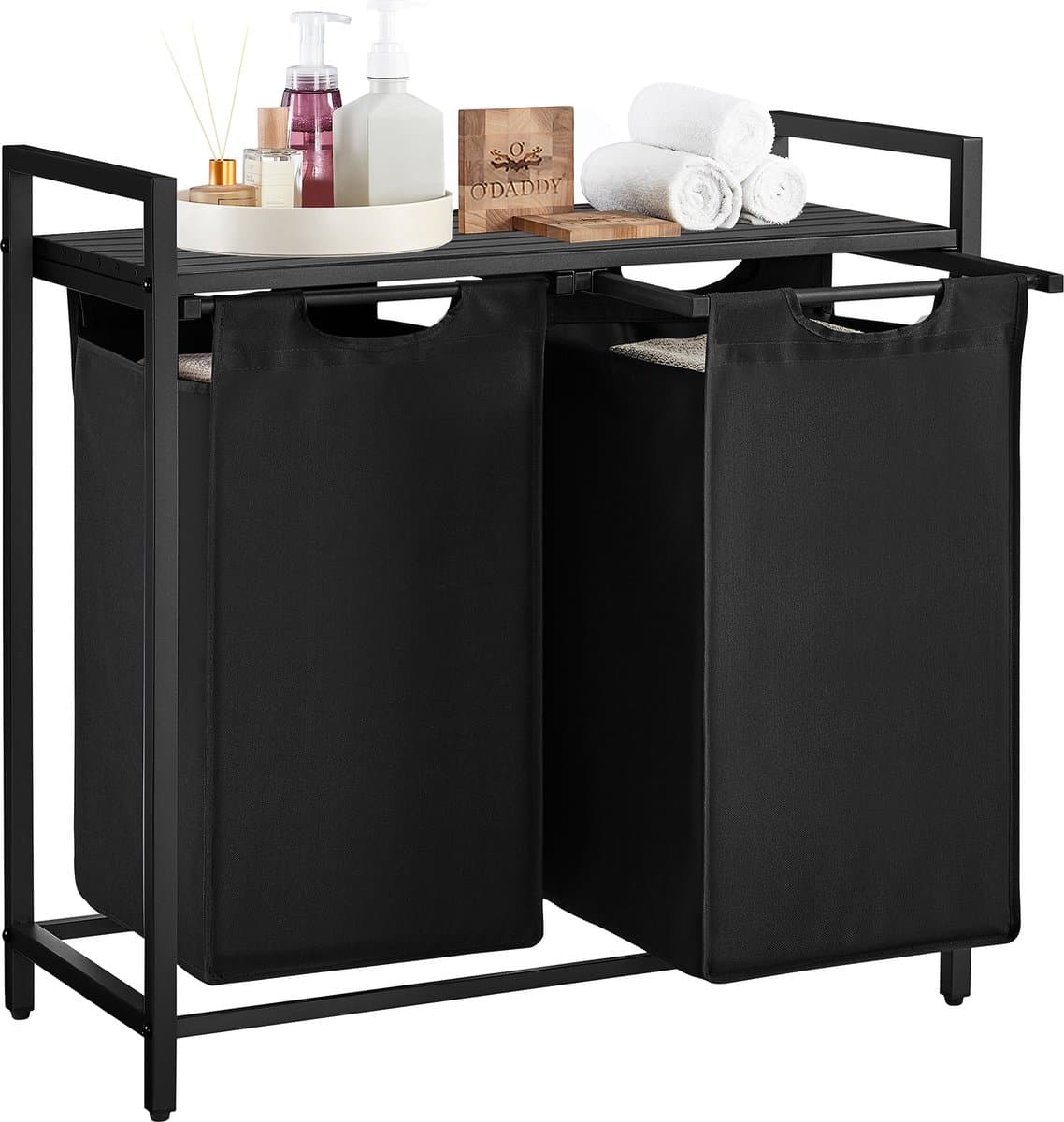 O'DADDY® Wasmand 2 vakken – uitschuifbare wassorteerder met plank - 73 x 33 x 72 cm – metaal - dark grey — afbeelding 1