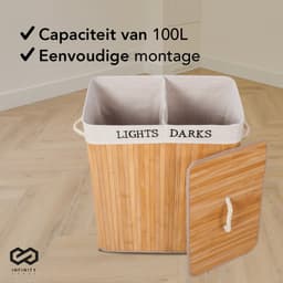 Infinity Goods Wasmand met Deksel XL - Bamboe - 2 Vakken - Wassorteerder - 2 Wasbare Katoenen Waszakken - Handvatten - 100 Liter - Natuurlijk Bruin — thumbnail 5