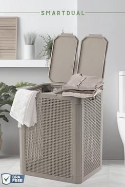Wasmand met 2 vakken - Sorteer mand - Kleding sorteren - Dubbel deksel ontwerp - 84 liter inhoud - Zandgrijs — thumbnail 3