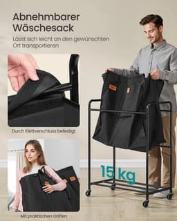 Bregico Wasmand - Wasmand 3 Vakken - Wassorteerder - Wasmanden - Waskar - Wasverzamelaar - Op Wieltjes - Zwart — thumbnail 5