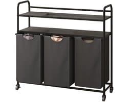 Wasmand – Voor Badkamer & Wasruimte – 3 Compartimenten (3×46L) met 2 Planken, Uitschuifbare Waszak – Grijs
