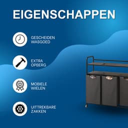 Wasmand – Voor Badkamer & Wasruimte – 3 Compartimenten (3×46L) met 2 Planken, Uitschuifbare Waszak – Grijs — thumbnail 5