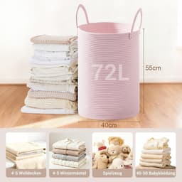 Wasmand, opbergmand, gevlochten mand, 72 l, grote ronde wasverzamelaar met katoenen handvat voor kinderkamer, mand voor dekens en speelgoed voor woonkamer of wasruimte, roze — thumbnail 2