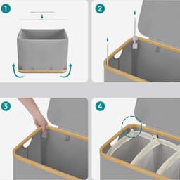 Wasmand 60 x 38.5 x 70.5 cm, grijs met deksel, 3 vakken voor vuile was, met 3 afneembare mesh voeringen. Grote capaciteit van 150 liter, modern en eenvoudig design — thumbnail 4