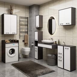 Badkamerkast voor Wasmachine FIN / Hoge Wasmachinekast met 2 Deuren / AKORD Furniture Factory / Grafietgrijs - Wit / 64 x 180 x 30 cm — thumbnail 4