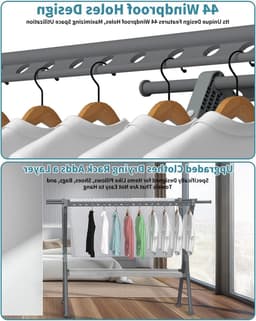 Verstelbaar droogrek van 138 tot 238 cm, opvouwbaar, voor binnen en buiten, met 44 windbestendige gaten en ruimtebesparend ontwerp — thumbnail 2