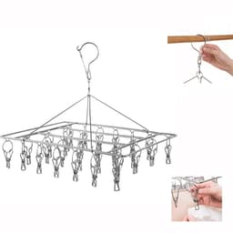 Sokkenhanger van roestvrij staal - Metalen sokkenhaken - Winddichte kledinghanger - Kledinghanger - Opbergrek - Clips - Met 30 clips - 360° draaibaar - Geschikt voor het drogen van sokken, kleine kledingstukken, enz. - Zilver — thumbnail 1