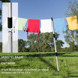 Uitschuifbare Kledinglijn - Steunstok Waslijn - Was Drogen Buiten - Roestvrij Staal Constructie - Tot 2.2 Meter - Zilverkleurig — thumbnail 5