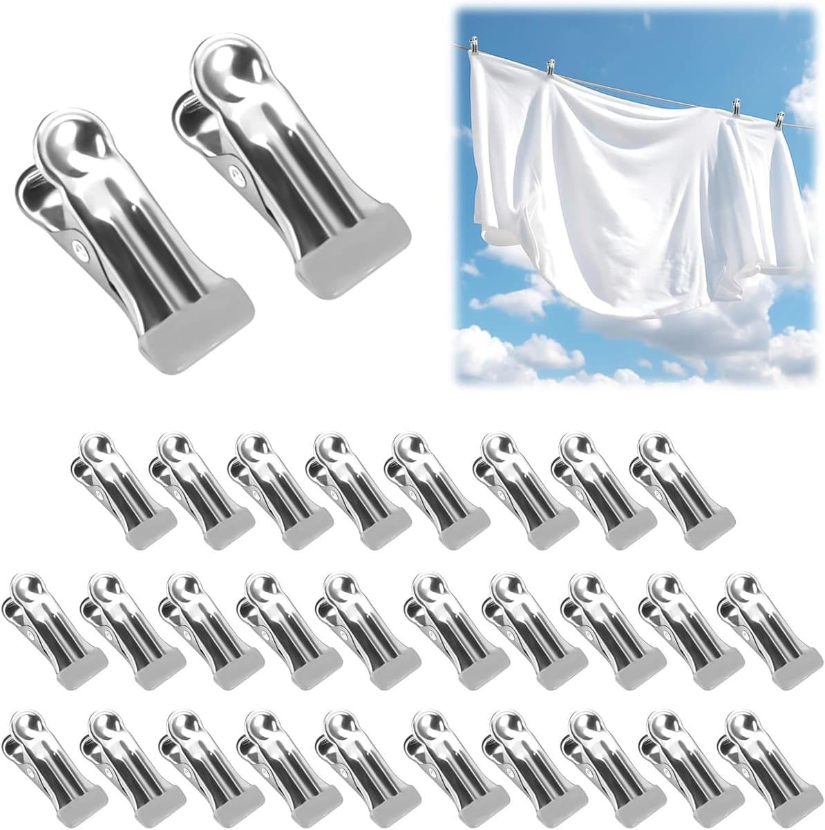 30 Stuks RVS Kledingknijpers - Multifunctionele Antislip Metalen Clips voor Kleding, Handdoeken, Sokken en Voedselafsluiting — afbeelding 1