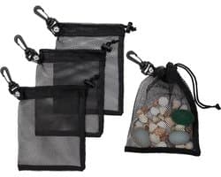 Mesh Trekkoord Tas - Gaaszakjes Set - Strand Vondsten Verzamelen - Met Karabijnhaak Clips - 6 x 8 inch - Zwart