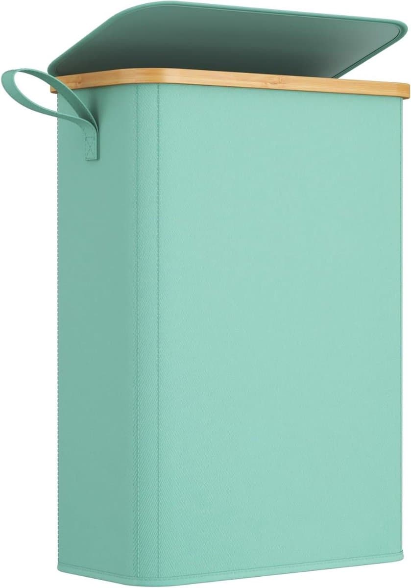 Lifewit Wasmand met Deksel, Smalle Wasmand, Laundry Basket met Bamboe Frame, Uitneembare Zak en Handgreep, Voor Slaapkamer, Badkamer, Wasruimte, 50L, Turquoise — afbeelding 1