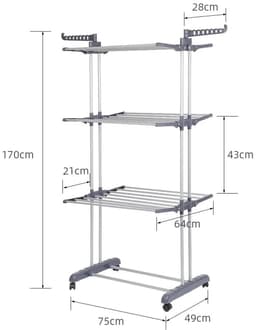 Dailygoods Opvouwbaar droogrek met wielen, roestvrijstalen droogrek met grote capaciteit, drielaagse opvouwbare vleugels — thumbnail 3