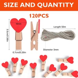 120 Pieces Wooden Clothes Pegs 3.5 x 0.8 cm with 50 m Cord, Wooden Clips, Small Clips for Hanging Photos, Postcards and All Kinds of Party Decorations — thumbnail 2