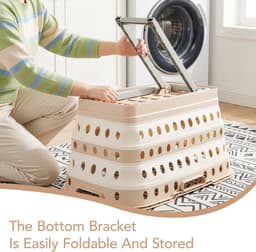 Opvouwbare Wasmand met Wielen en Poten – Grote Capaciteit Wasbox Inklapbaar met Rem & Handgrepen – Khaki — thumbnail 3