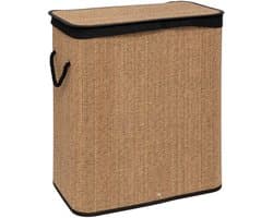 5Five Dubbele Wasmand met deksel - bamboe hout - 100 Liter- naturel zwart - 52 x 32 x 63 cm - sorteren mand