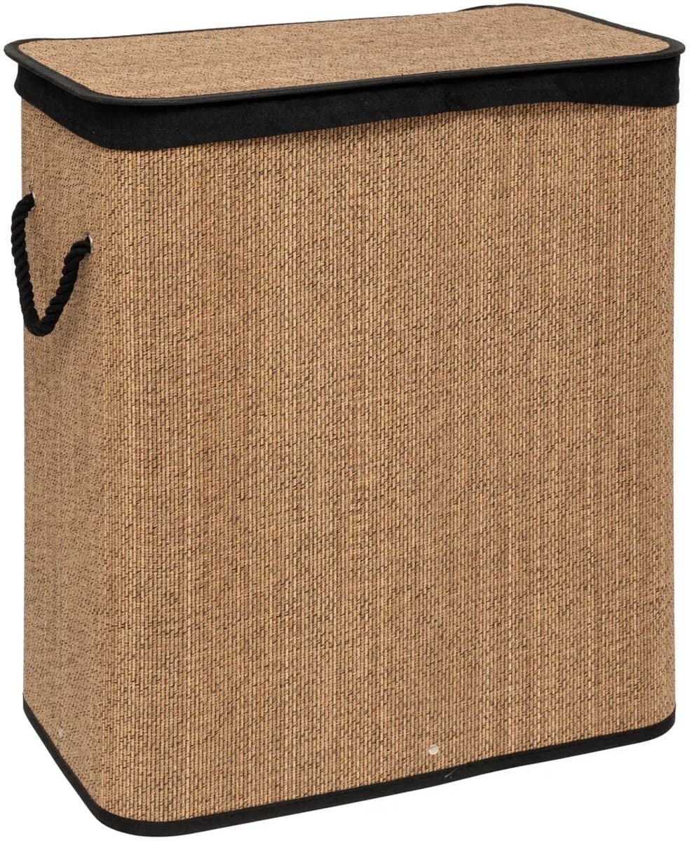 5Five Dubbele Wasmand met deksel - bamboe hout - 100 Liter- naturel zwart - 52 x 32 x 63 cm - sorteren mand — afbeelding 1