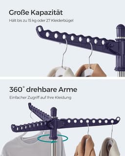 FurnStar Droogrek - Droogmolen met 3 Draaibare Armen - 4 Poten - Voor Binnen - Roestvrij Staal - Voor Maximaal 27 Kledingstukken - 150 cm Hoog - Blauw Zilver - LLR510Q01 — thumbnail 3