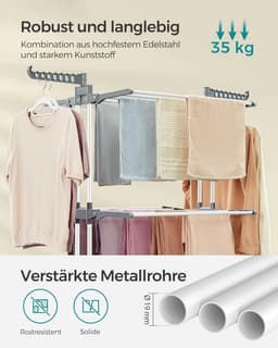 Droogrek - Staand droogrek - 4 niveaus - Vleugelwasrek - Opvouwbare vleugels - Met wielen - 64 x 126 x 172 cm - Grijs — thumbnail 5