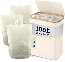 Wasmand met deksel en 3 vakken - beige - bamboe - 160 liter — thumbnail 4